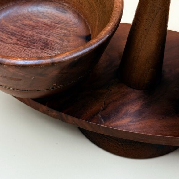 Vintage Kustom Kraft Solid Walnut Dip Set - MCM Snack Server USA - Picture 9 of 13